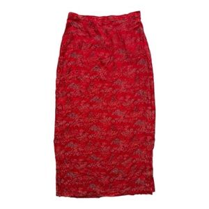 Vintage Clio Red Rayon Midi Skirt Scenic Print Boho 90s USA L